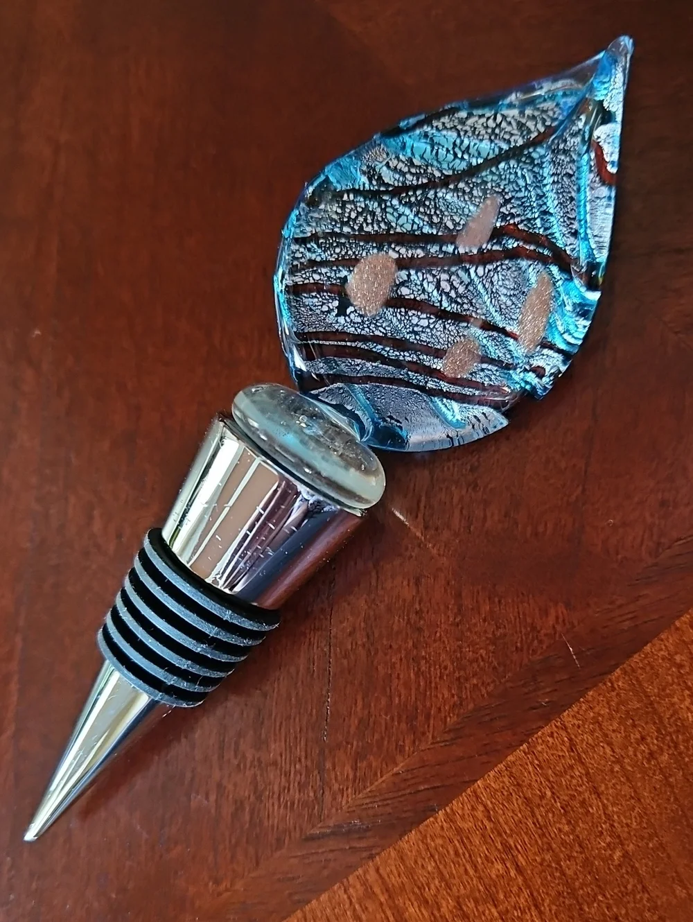 2 Hand Blown Art Glass Wine Stoppers Black, Gold/Silver & Metallic Blue/Red